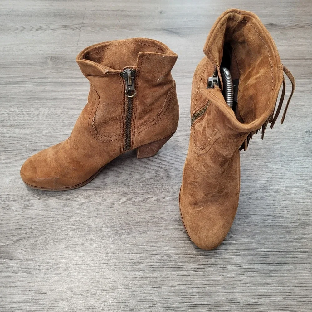 Sam‎ Edelman Tan Suede Gold Fringe Ankle Boots Western Brown Boho Womens 8